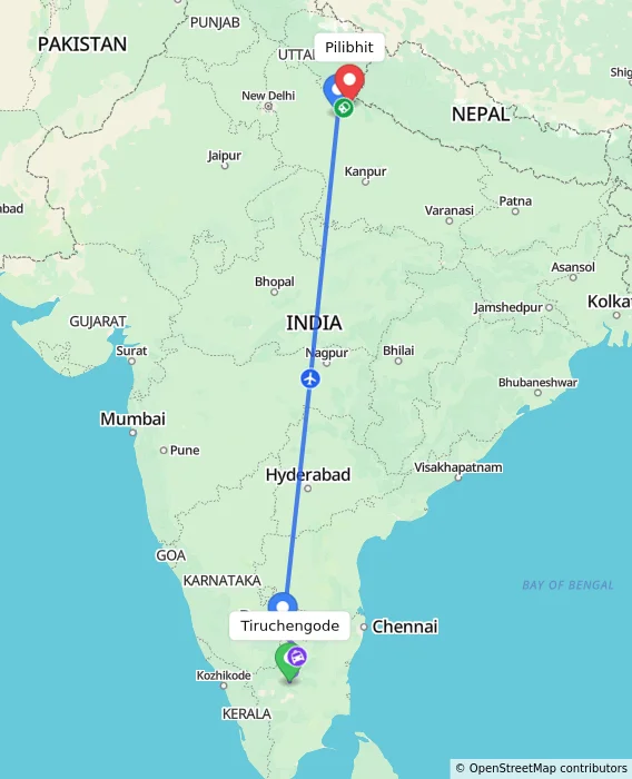 Route map showing distance and travel time from Tiruchengode, India to Pilibhit, India