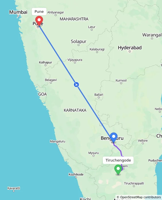 Route map showing distance and travel time from Tiruchengode, India to Pune, India