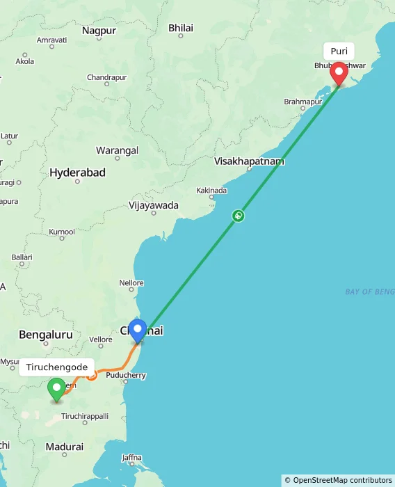 Route map showing distance and travel time from Tiruchengode, India to Puri, India