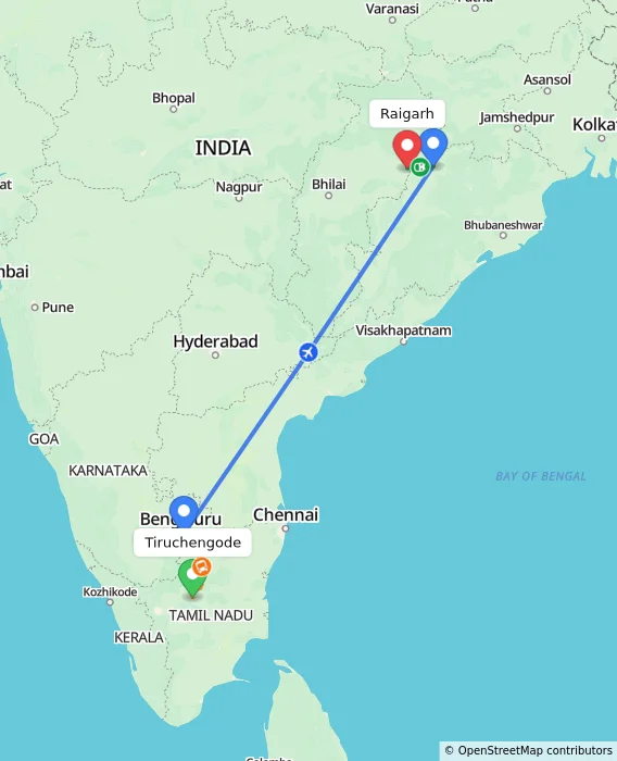 Route map showing distance and travel time from Tiruchengode, India to Raigarh, India