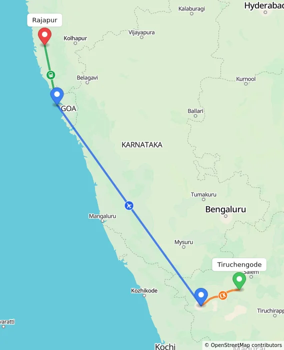 Route map showing distance and travel time from Tiruchengode, India to Rajapur, India
