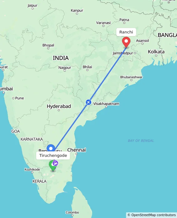 Route map showing distance and travel time from Tiruchengode, India to Ranchi, India