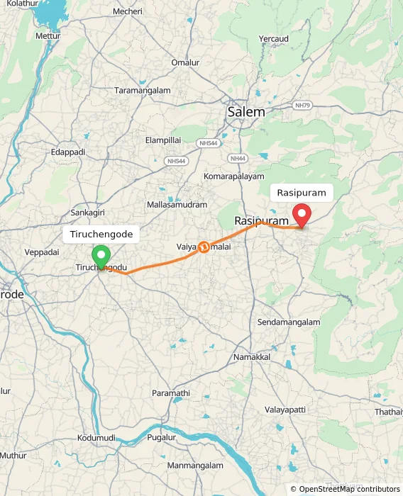 Route map showing distance and travel time from Tiruchengode, India to Rasipuram, India