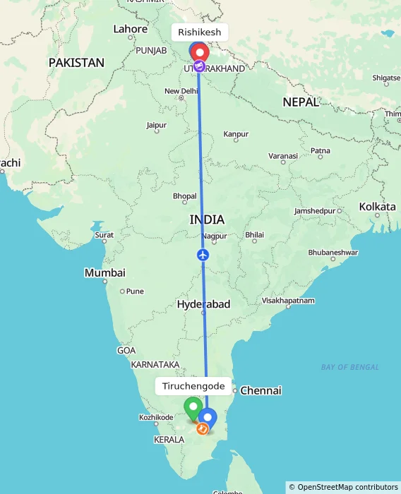 Route map showing distance and travel time from Tiruchengode, India to Rishikesh, India