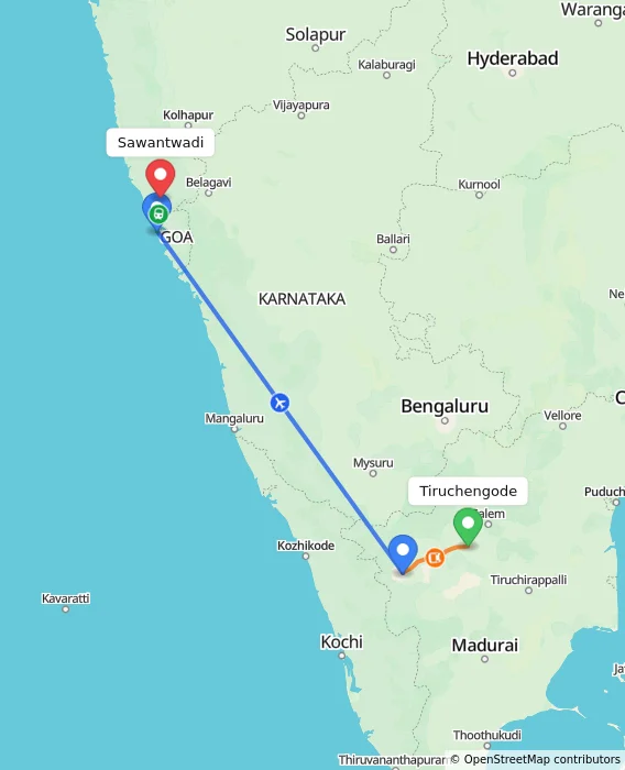 Route map showing distance and travel time from Tiruchengode, India to Sawantwadi, India