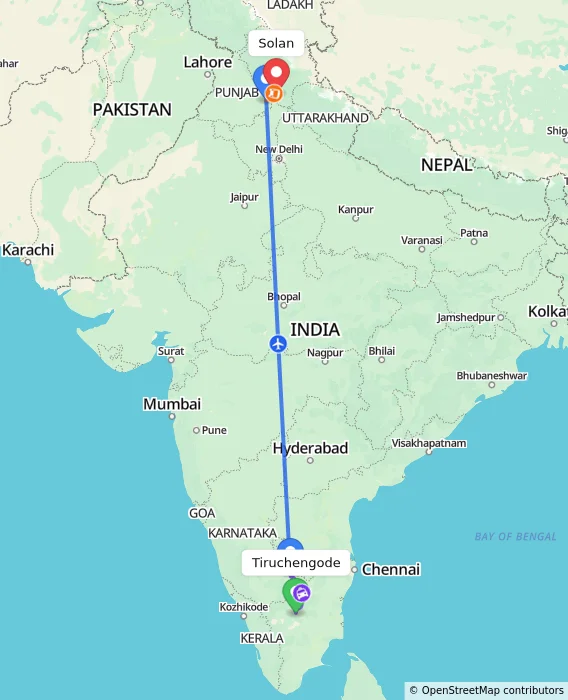Route map showing distance and travel time from Tiruchengode, India to Solan, India