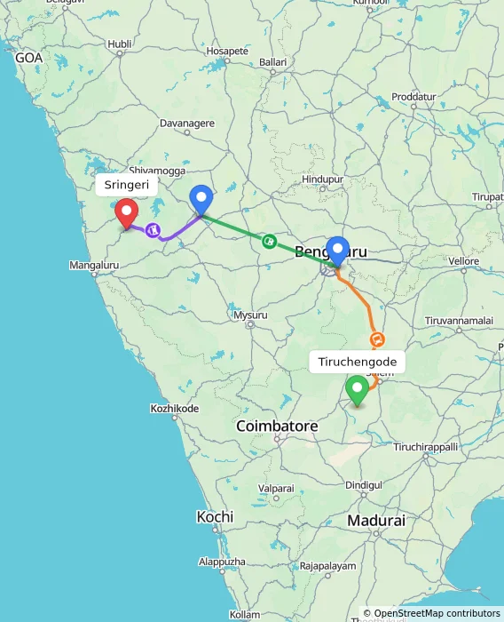 Route map showing distance and travel time from Tiruchengode, India to Sringeri, India
