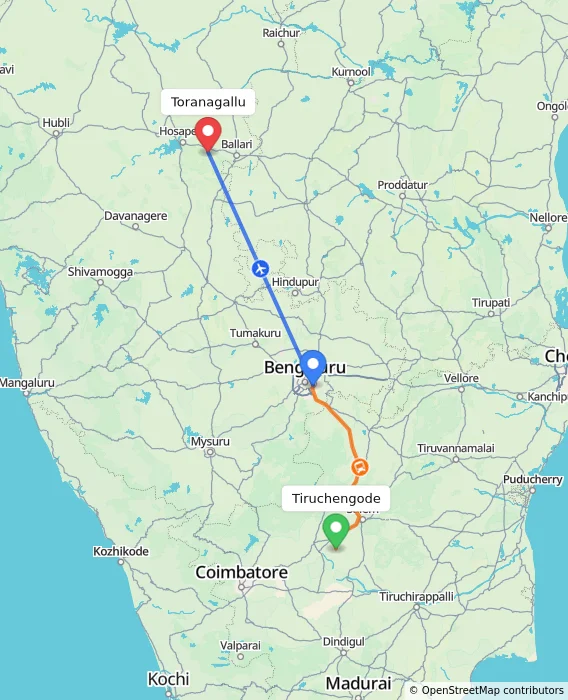 Route map showing distance and travel time from Tiruchengode, India to Toranagallu, India