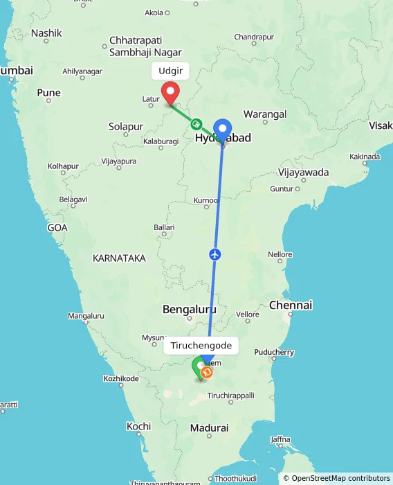 Route map showing distance and travel time from Tiruchengode, India to Udgir, India