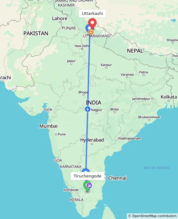 Route map showing distance and travel time from Tiruchengode, India to Uttarkashi, India