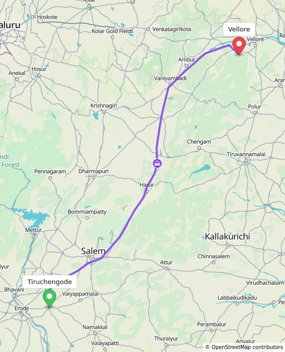 Route map showing distance and travel time from Tiruchengode, India to Vellore, India
