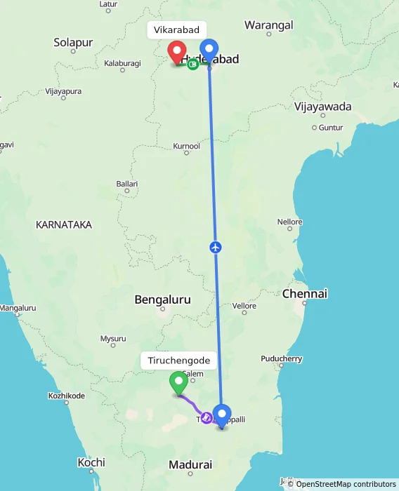 Route map showing distance and travel time from Tiruchengode, India to Vikarabad, India