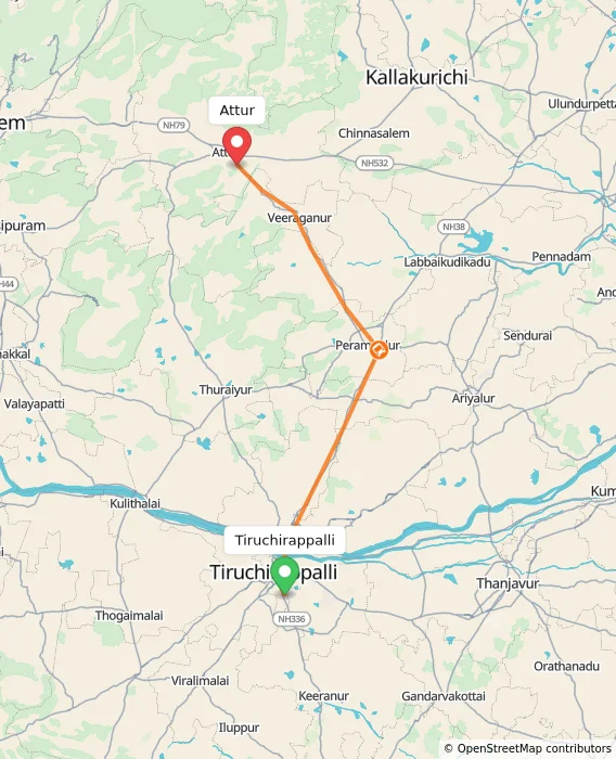 Route map showing distance and travel time from Tiruchirappalli, India to Attur, India