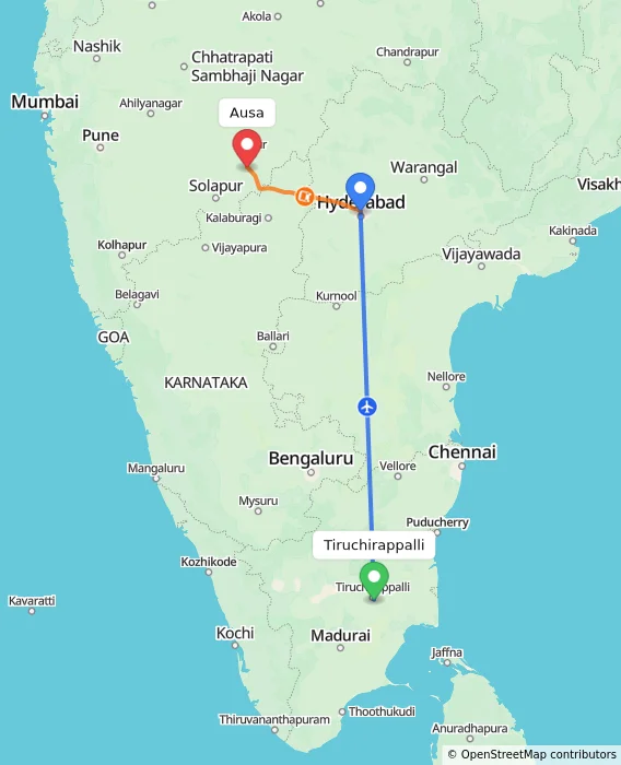Route map showing distance and travel time from Tiruchirappalli, India to Ausa, India