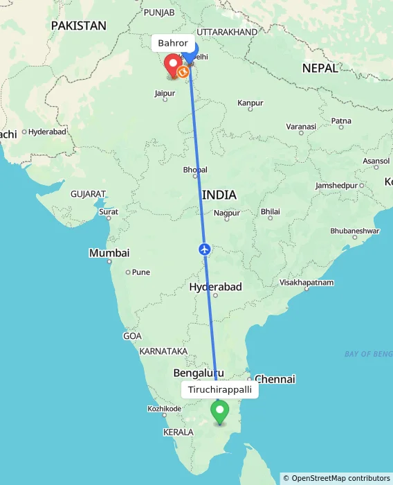 Route map showing distance and travel time from Tiruchirappalli, India to Bahror, India