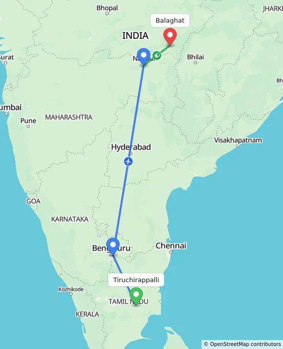Route map showing distance and travel time from Tiruchirappalli, India to Balaghat, India