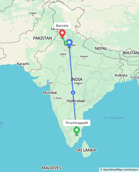 Route map showing distance and travel time from Tiruchirappalli, India to Barnala, India
