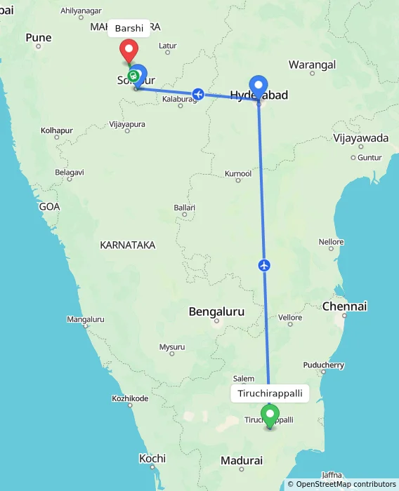 Route map showing distance and travel time from Tiruchirappalli, India to Barshi, India