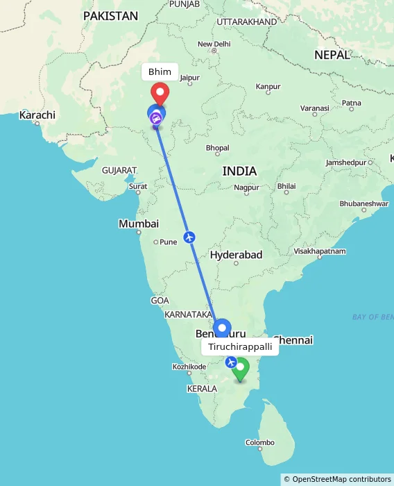 Route map showing distance and travel time from Tiruchirappalli, India to Bhim, India