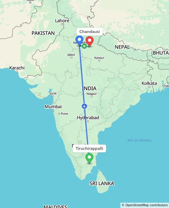 Route map showing distance and travel time from Tiruchirappalli, India to Chandausi, India