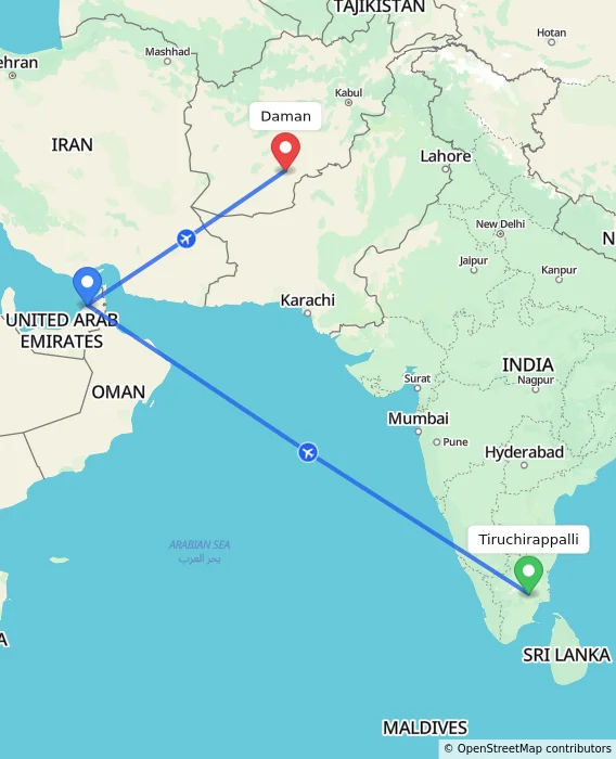 Route map showing distance and travel time from Tiruchirappalli, India to Daman, Afghanistan