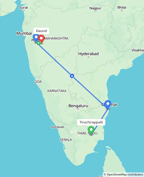 Route map showing distance and travel time from Tiruchirappalli, India to Daund, India