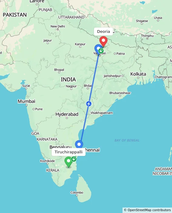 Route map showing distance and travel time from Tiruchirappalli, India to Deoria, India