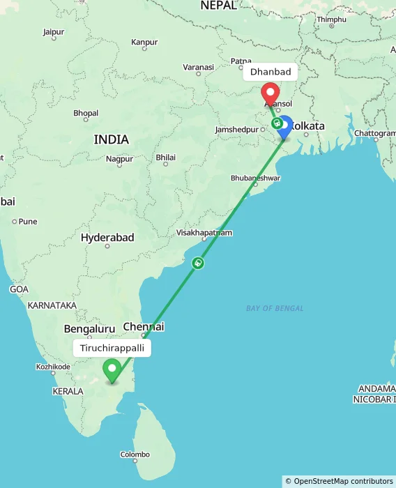 Route map showing distance and travel time from Tiruchirappalli, India to Dhanbad, India