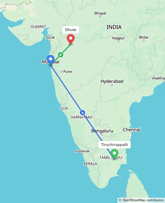 Route map showing distance and travel time from Tiruchirappalli, India to Dhule, India