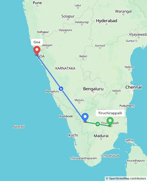 Route map showing distance and travel time from Tiruchirappalli, India to Goa, India