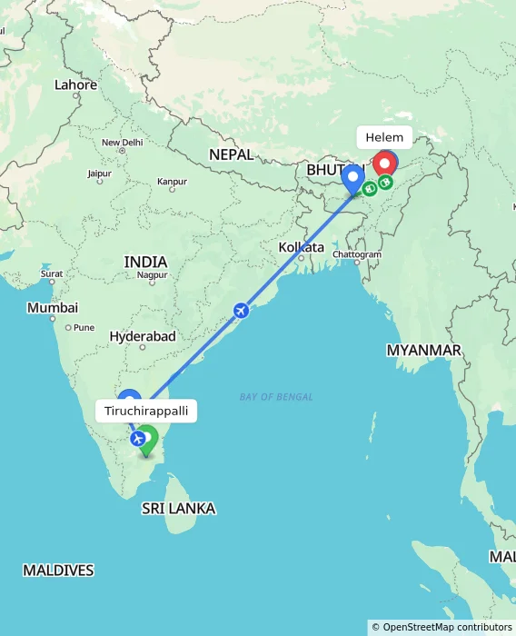 Route map showing distance and travel time from Tiruchirappalli, India to Helem, India