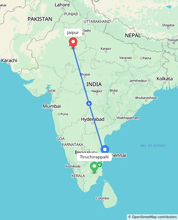 Route map showing distance and travel time from Tiruchirappalli, India to Jaipur, India