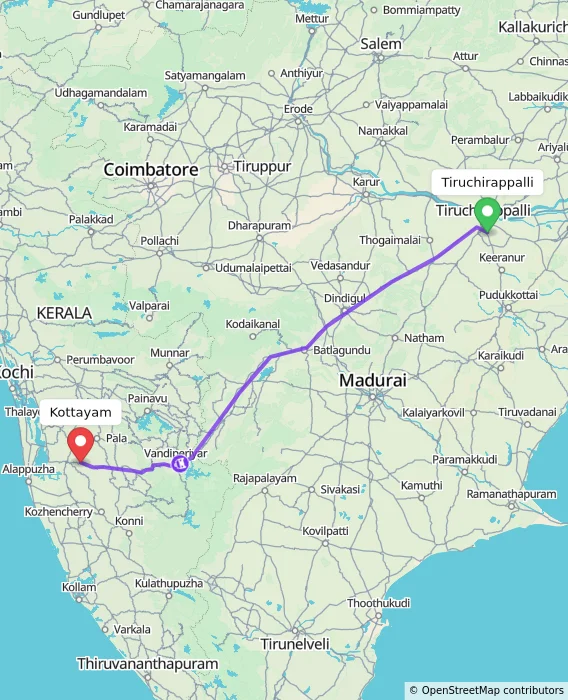 Route map showing distance and travel time from Tiruchirappalli, India to Kottayam, India
