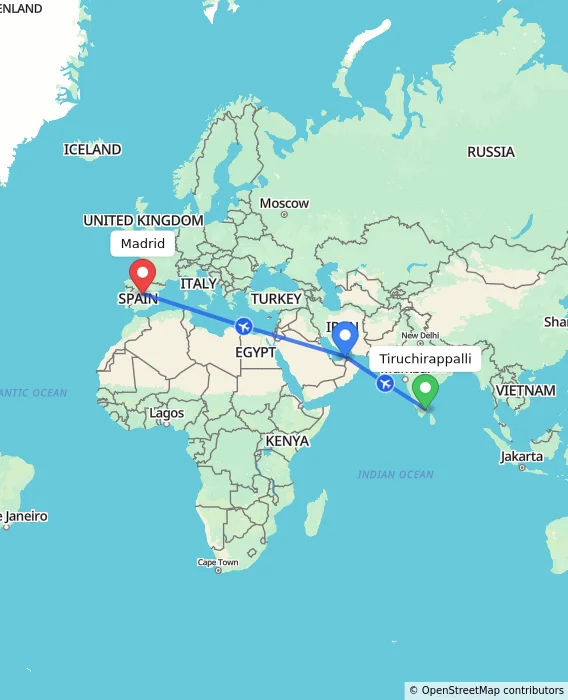 Route map showing distance and travel time from Tiruchirappalli, India to Madrid, Spain