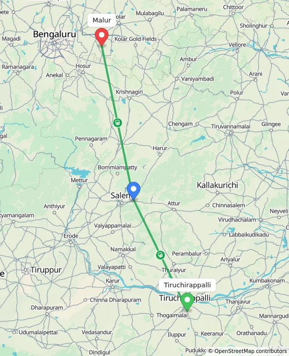 Route map showing distance and travel time from Tiruchirappalli, India to Malur, India
