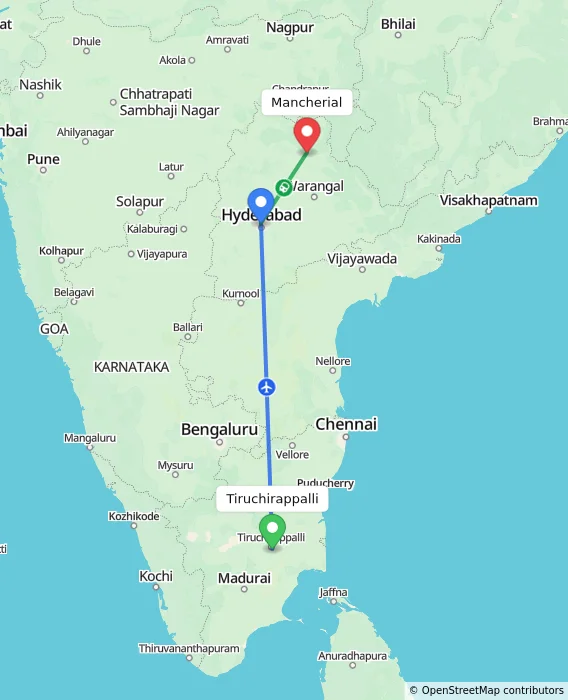 Route map showing distance and travel time from Tiruchirappalli, India to Mancherial, India