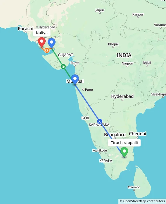 Route map showing distance and travel time from Tiruchirappalli, India to Naliya, India