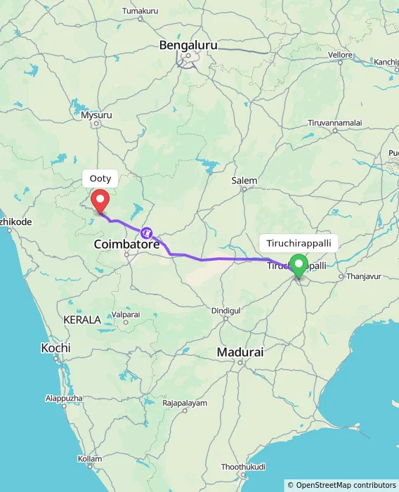 Route map showing distance and travel time from Tiruchirappalli, India to Ooty, India
