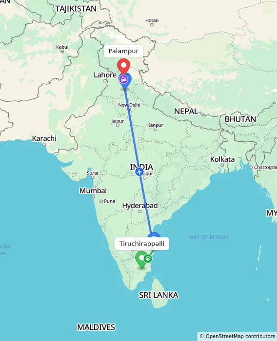 Route map showing distance and travel time from Tiruchirappalli, India to Palampur, India