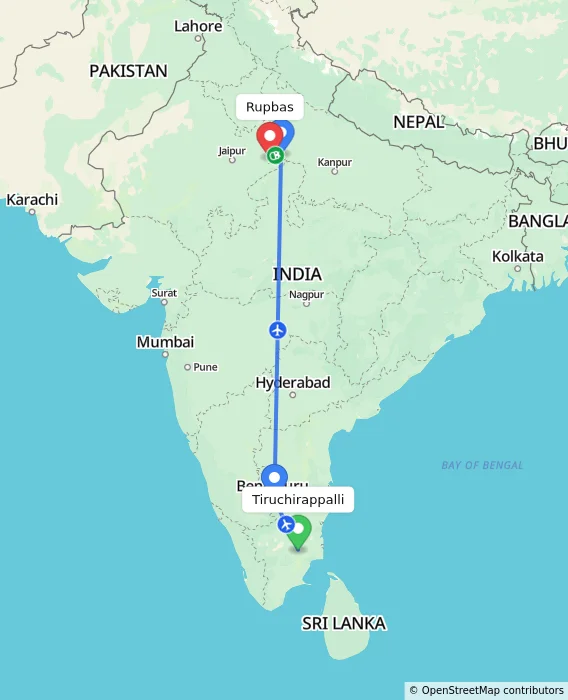 Route map showing distance and travel time from Tiruchirappalli, India to Rupbas, India