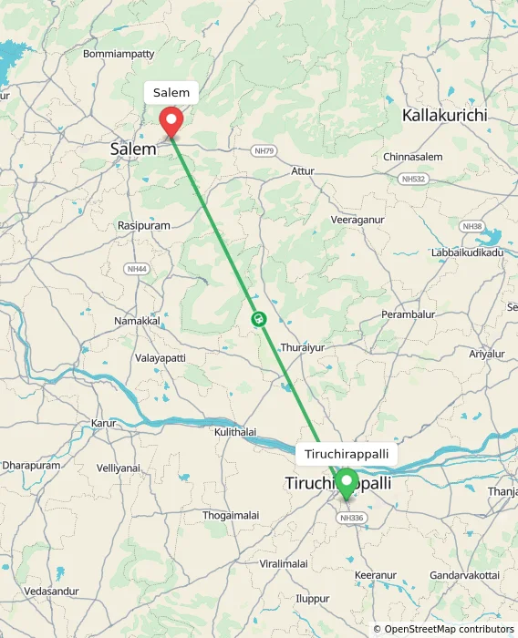 Route map showing distance and travel time from Tiruchirappalli, India to Salem, India