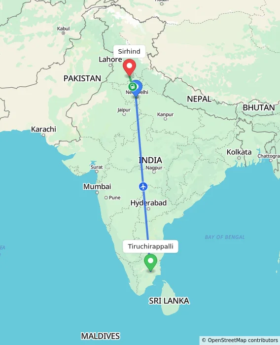 Route map showing distance and travel time from Tiruchirappalli, India to Sirhind, India