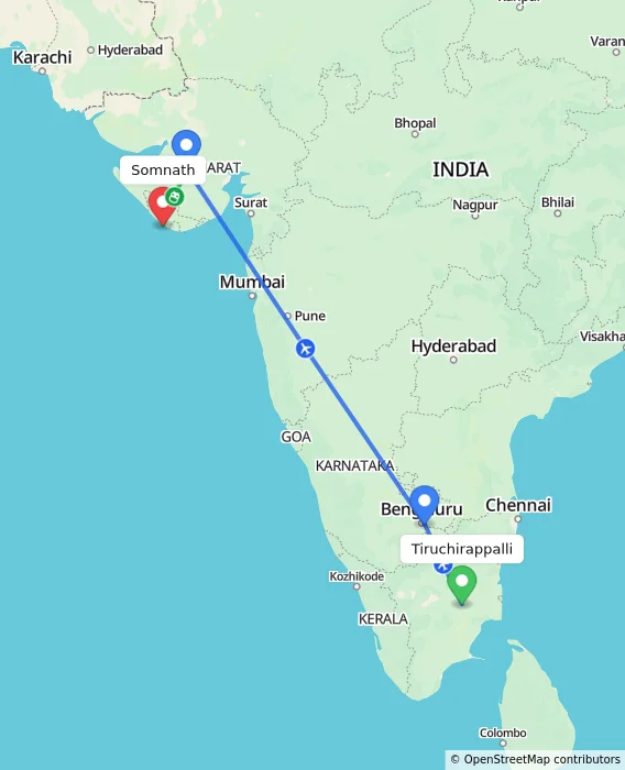 Route map showing distance and travel time from Tiruchirappalli, India to Somnath, India