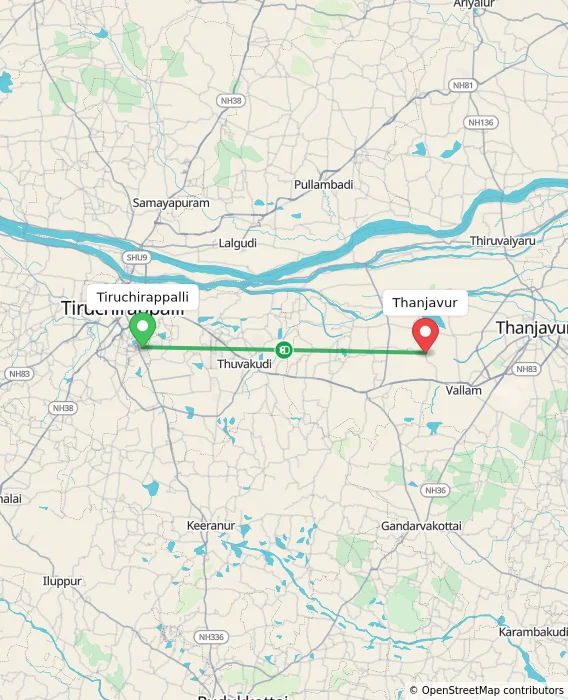 Route map showing distance and travel time from Tiruchirappalli, India to Thanjavur, India