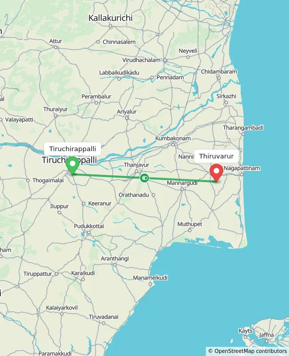 Route map showing distance and travel time from Tiruchirappalli, India to Thiruvarur, India