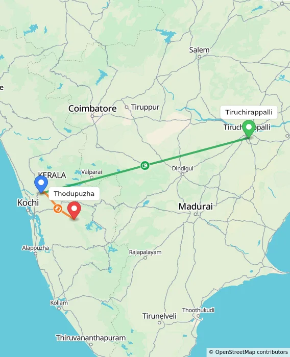Route map showing distance and travel time from Tiruchirappalli, India to Thodupuzha, India