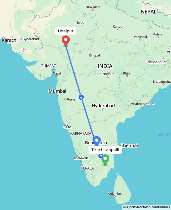 Route map showing distance and travel time from Tiruchirappalli, India to Udaipur, India
