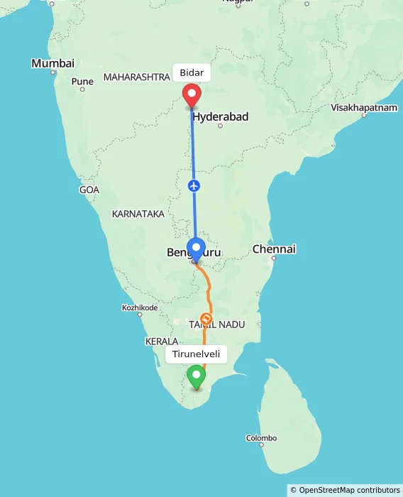 Route map showing distance and travel time from Tirunelveli, India to Bidar, India