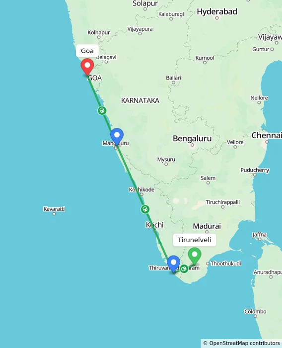 Route map showing distance and travel time from Tirunelveli, India to Goa, India