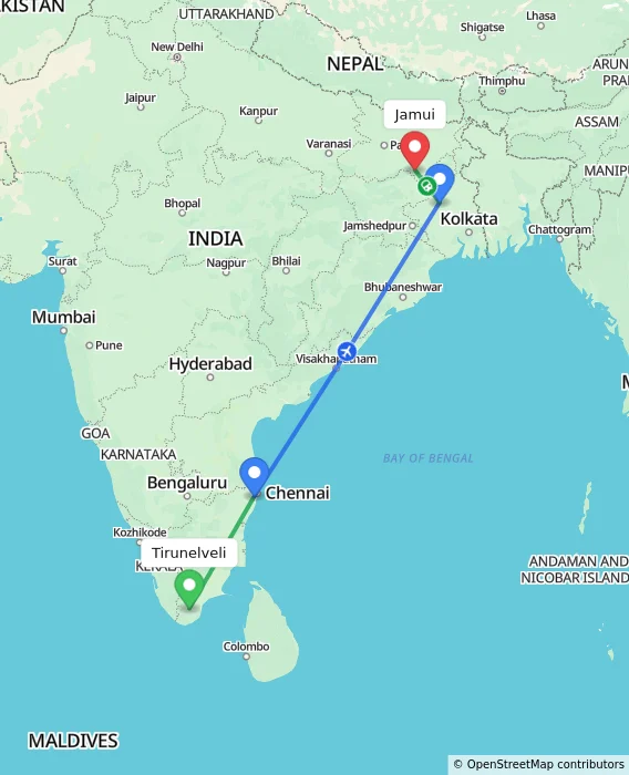 Route map showing distance and travel time from Tirunelveli, India to Jamui, India